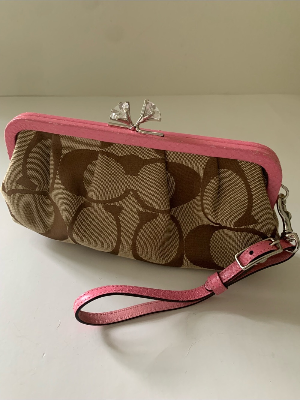 Coach Signature Canvas Logo Snakeskin Trim Framed Kisslock Clutch, Pink Snake